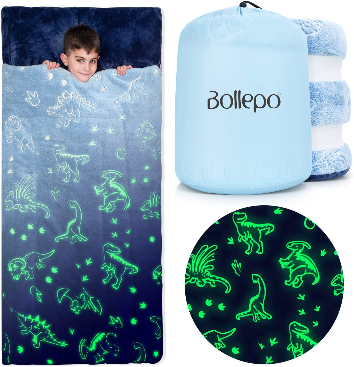 Blue Sleeping Bag - Glowing Dinosaurs