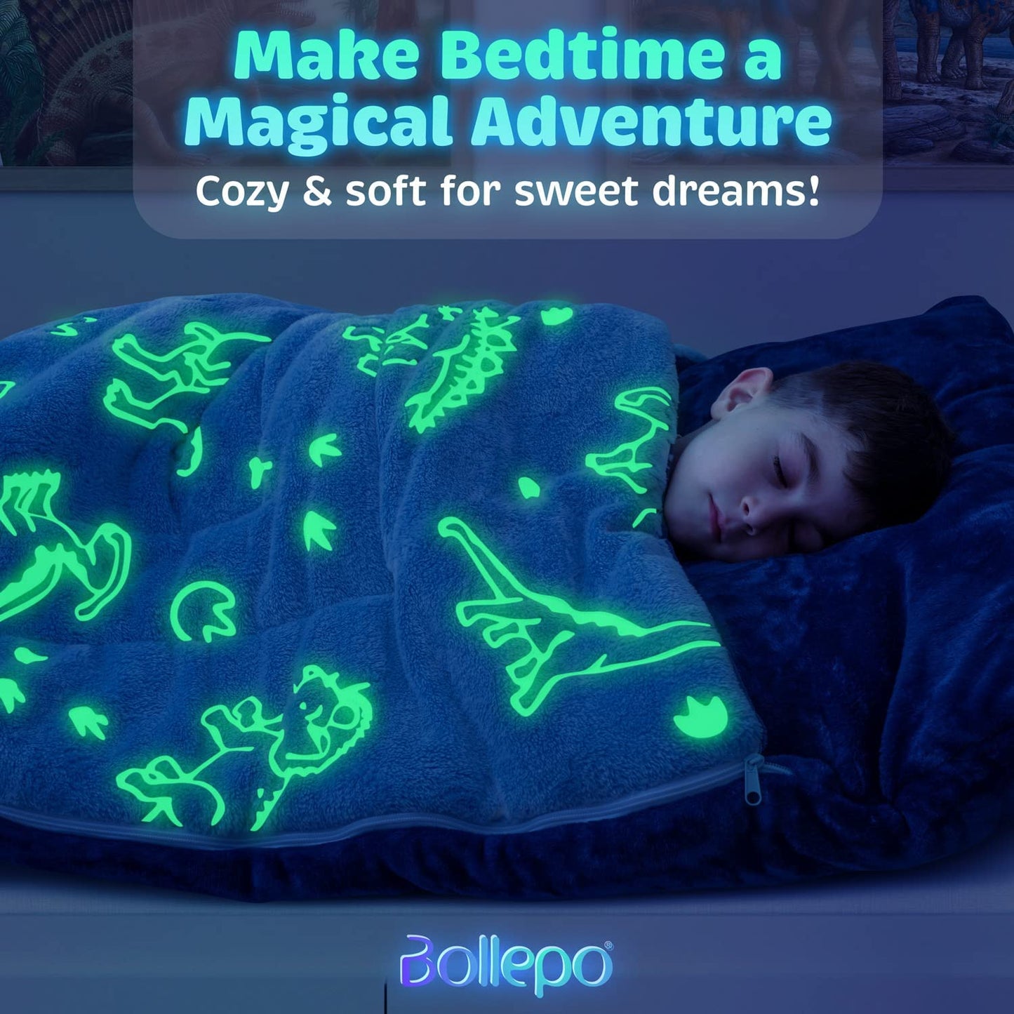 Blue Sleeping Bag - Glowing Dinosaurs