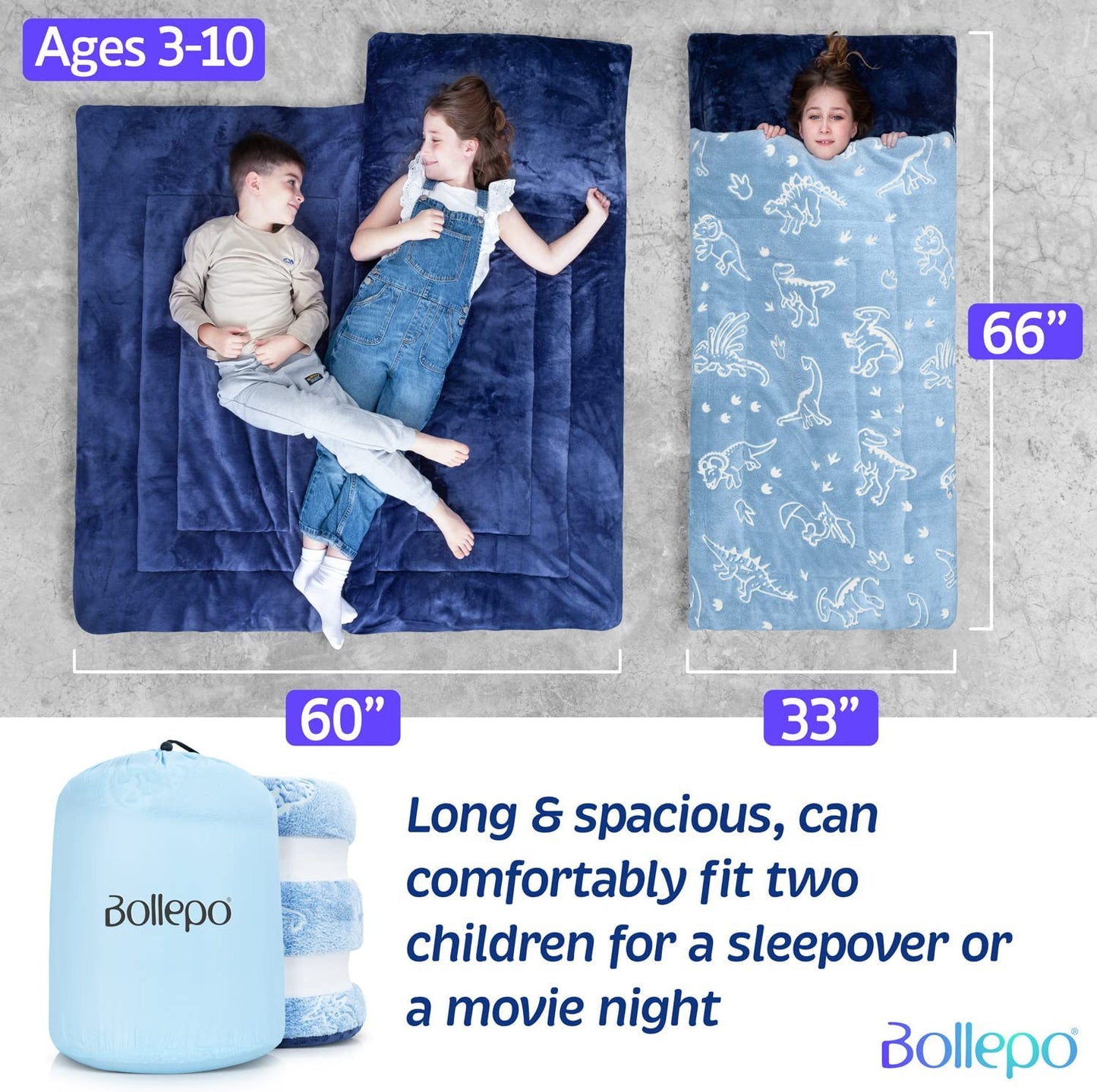 Blue Sleeping Bag - Glowing Dinosaurs