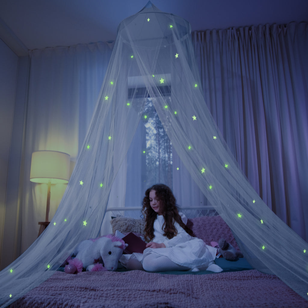 Bed Canopy with Glowing Stars, White