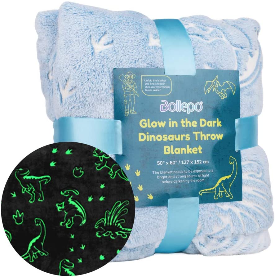Glowing Throw Blanket for Kids - Blue Dinosaurs Theme