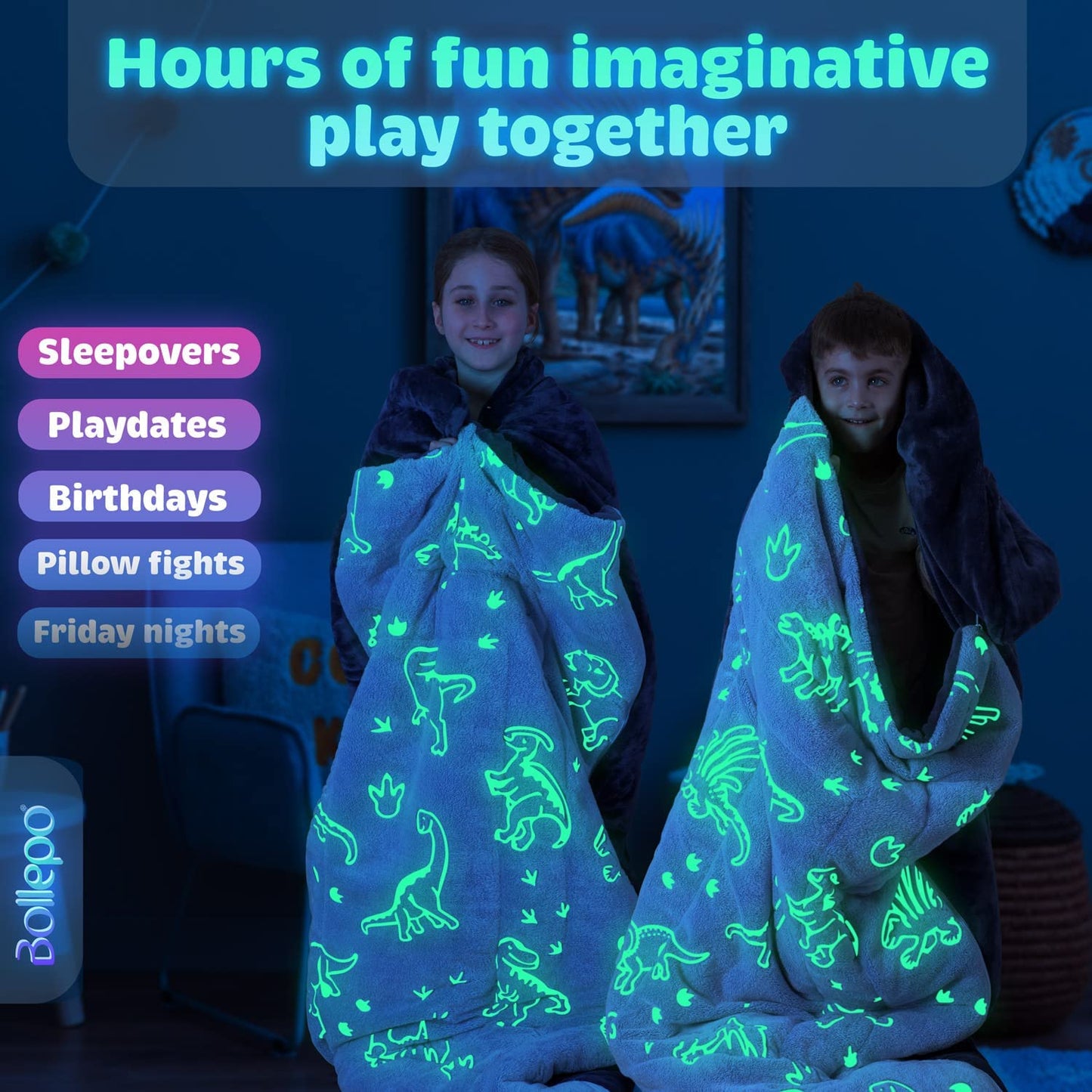Blue Sleeping Bag - Glowing Dinosaurs