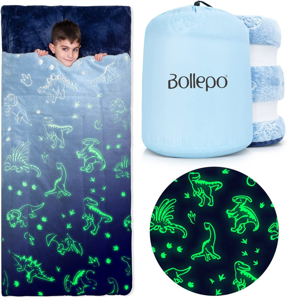 Glow in The Dark Sleeping Bags for Kids - Blue Dinosaurs Theme